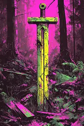Midjourney generated image using SREF code Toxic Dayglow: A yellow sword in the middle of a forest.