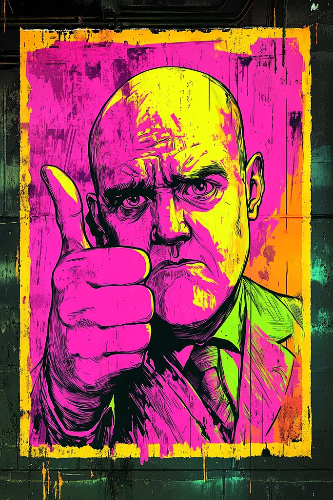 Midjourney generated image using SREF code Toxic Dayglow: A painting of a man giving a thumbs up.
