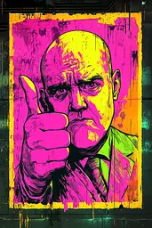 Midjourney generated image using SREF code Toxic Dayglow: A painting of a man giving a thumbs up.