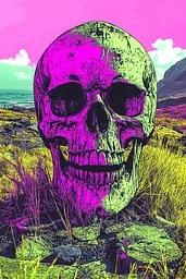Midjourney generated image using SREF code Toxic Dayglow: A skull sitting on top of a grass covered field.