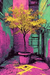 Midjourney generated image using SREF code Toxic Dayglow: A tree in a pot in an alleyway with graffiti on the walls.