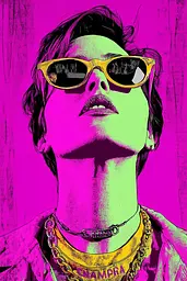 Midjourney generated image using SREF code Toxic Dayglow: A woman wearing sunglasses and a necklace. 