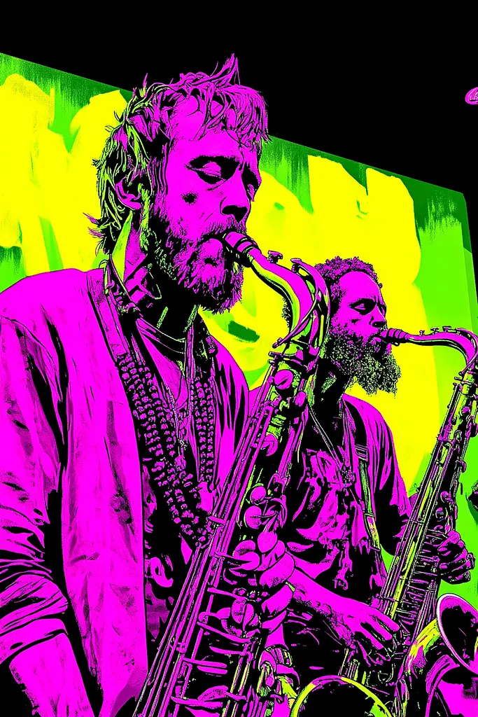 Midjourney generated image using SREF code Toxic Dayglow: A man playing a saxophone while another man plays a trumpet.