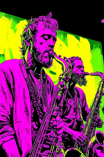 Midjourney generated image using SREF code Toxic Dayglow: A man playing a saxophone while another man plays a trumpet.