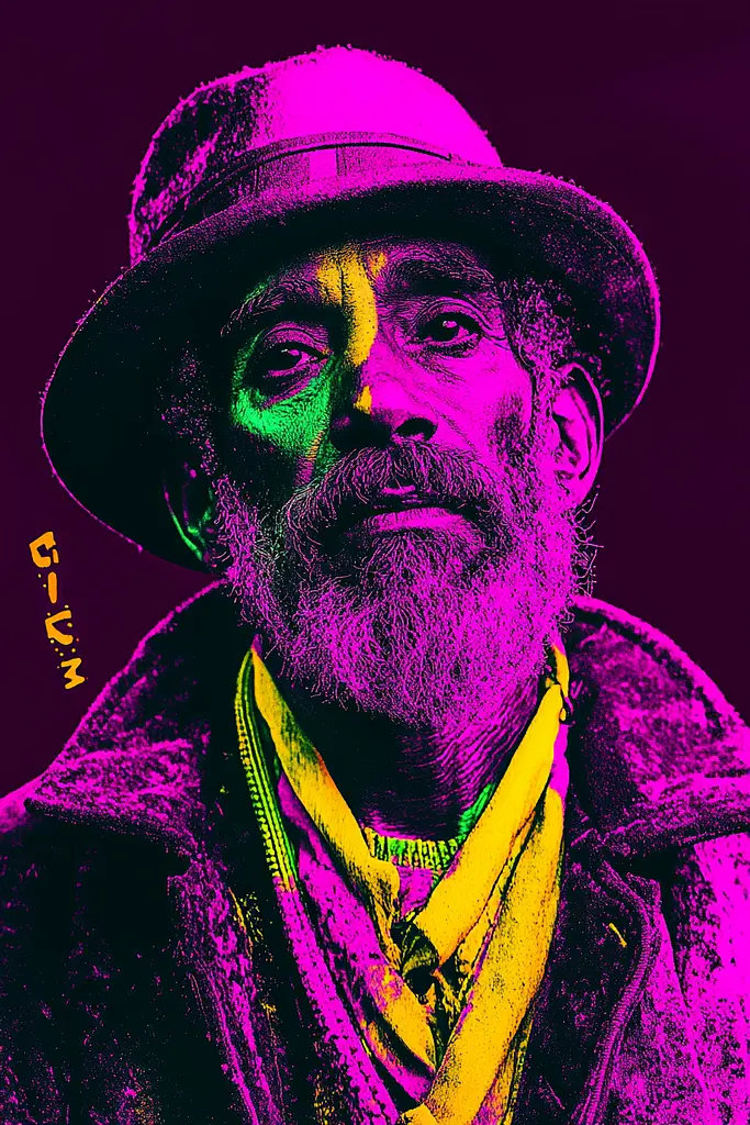Midjourney generated image using SREF code Toxic Dayglow: A man with a beard wearing a hat and scarf.
