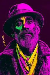 Midjourney generated image using SREF code Toxic Dayglow: A man with a beard wearing a hat and scarf.