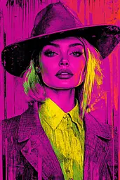 Midjourney generated image using SREF code Toxic Dayglow: A woman wearing a hat and a yellow shirt.