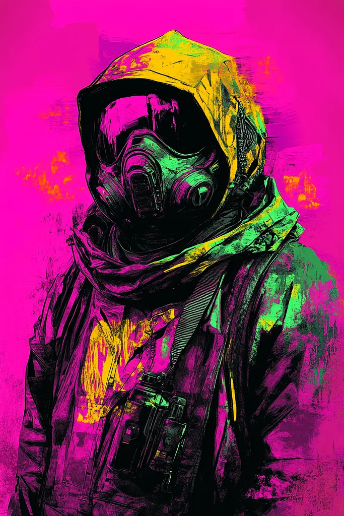 Midjourney generated image using SREF code Toxic Dayglow: A man wearing a gas mask and a hoodie.