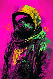 Midjourney generated image using SREF code Toxic Dayglow: A man wearing a gas mask and a hoodie.
