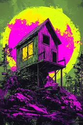 Midjourney generated image using SREF code Toxic Dayglow: A house on top of a hill with a full moon in the background.