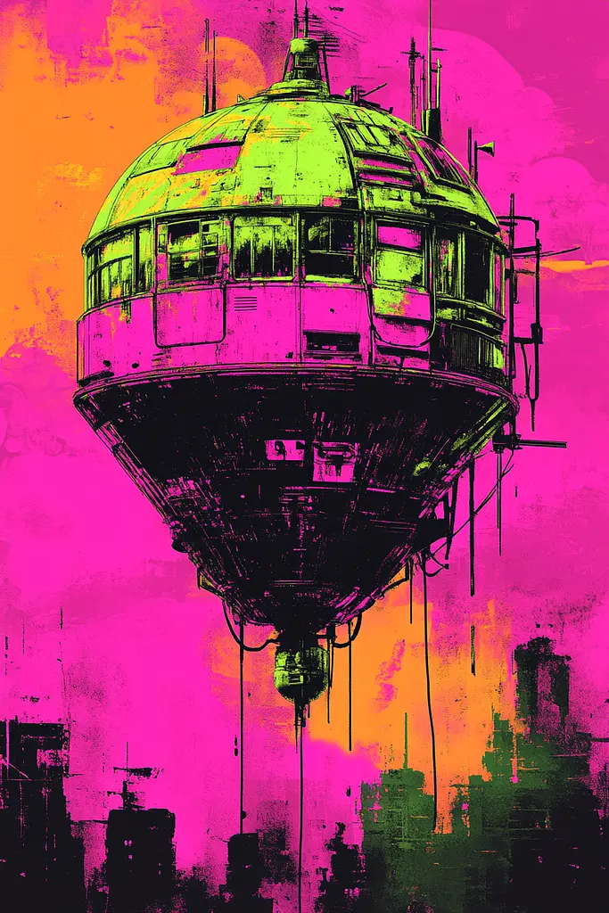 Midjourney generated image using SREF code Toxic Dayglow: A painting of a hot air balloon flying over a city.