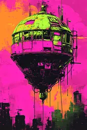 Midjourney generated image using SREF code Toxic Dayglow: A painting of a hot air balloon flying over a city.