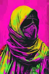 Midjourney generated image using SREF code Toxic Dayglow: A woman wearing a colorful headscarf and a mask.