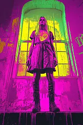 Midjourney generated image using SREF code Toxic Dayglow: A woman standing in front of a window in a pink and yellow room.