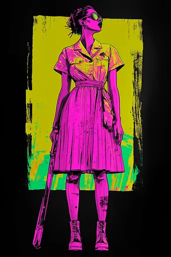 Midjourney generated image using SREF code Toxic Dayglow: A woman in a pink dress holding a baseball bat.