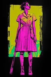 Midjourney generated image using SREF code Toxic Dayglow: A woman in a pink dress holding a baseball bat.