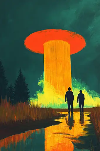 Midjourney generated image using SREF code Fractal Haze: A painting of two people standing in front of a mushroom cloud.