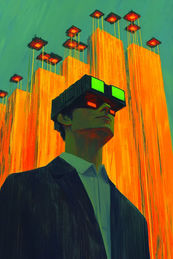 Midjourney generated image using SREF code Fractal Haze: A man in a suit and tie wearing a pair of virtual reality glasses.