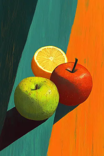 Midjourney generated image using SREF code Fractal Haze: A painting of two apples and an orange on a table.