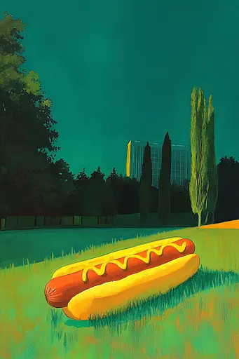 Midjourney generated image using SREF code Fractal Haze: A painting of a hot dog in a field with a building in the background.