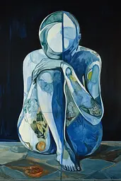 Midjourney generated image using SREF code Cerulean Riddle: A painting of a woman sitting on the ground.