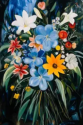 Midjourney generated image using SREF code Cerulean Riddle: A painting of a bouquet of flowers in a vase.