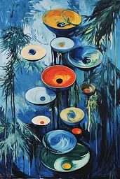 Midjourney generated image using SREF code Cerulean Riddle: A painting of a tree with many bowls hanging from it.