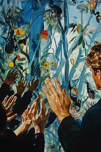 Midjourney generated image using SREF code Cerulean Riddle: A painting of a group of people reaching up to each other.