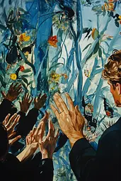 Midjourney generated image using SREF code Cerulean Riddle: A painting of a group of people reaching up to each other.