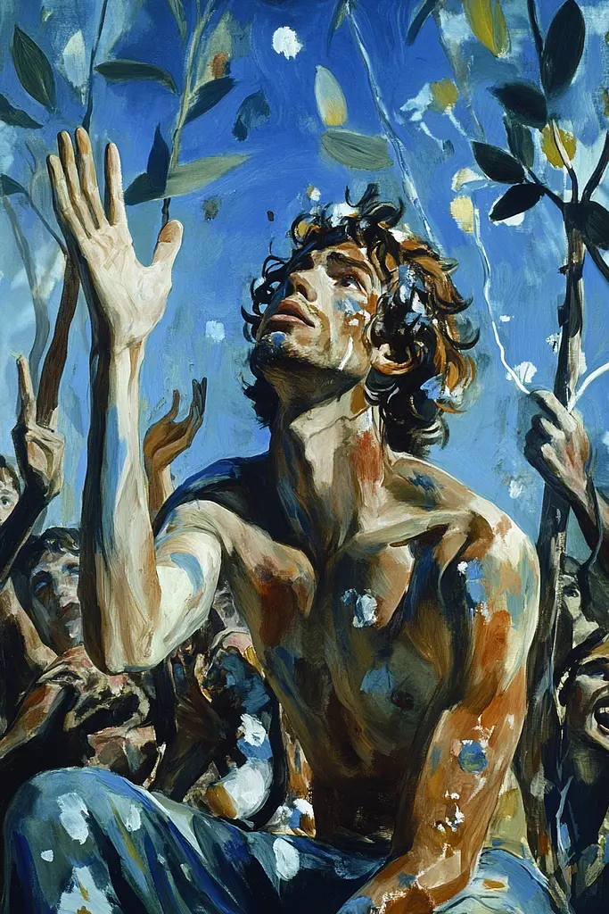 Midjourney generated image using SREF code Cerulean Riddle: A painting of a man with his hands up in the air.
