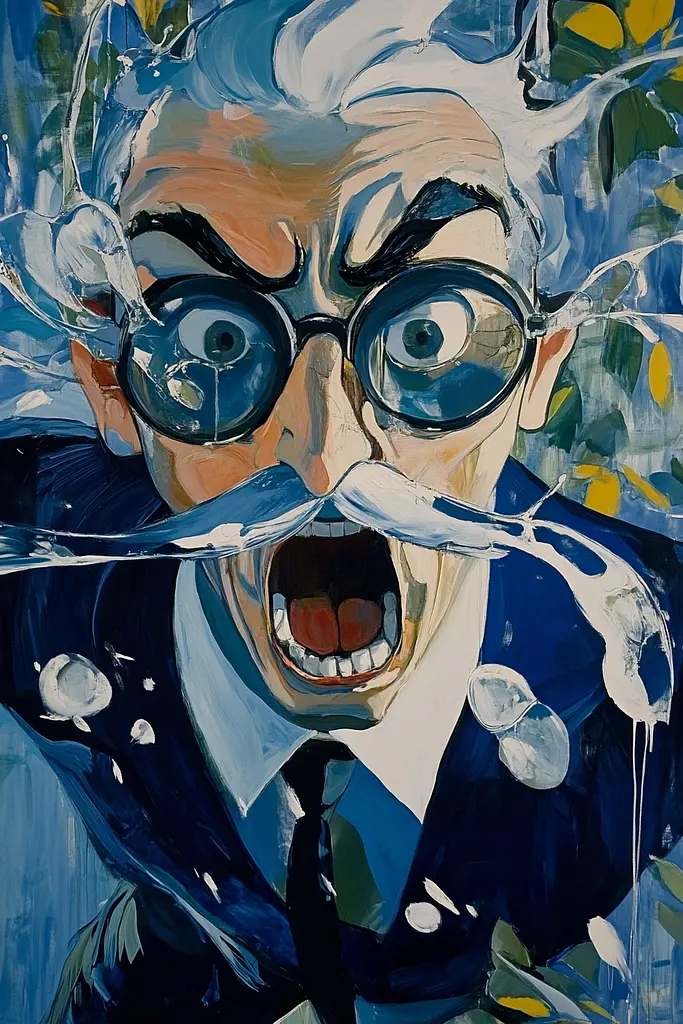 Midjourney generated image using SREF code Cerulean Riddle: A painting of a man with glasses and a mustache.
