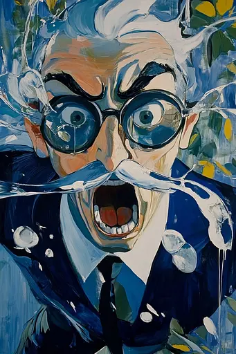 Midjourney generated image using SREF code Cerulean Riddle: A painting of a man with glasses and a mustache.