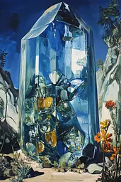 Midjourney generated image using SREF code Cerulean Riddle: A painting of a large blue crystal in the desert.