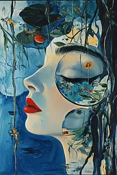 Midjourney generated image using SREF code Cerulean Riddle: A painting of a woman's face with a mirror on her head.
