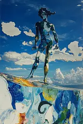 Midjourney generated image using SREF code Cerulean Riddle: A painting of a man standing on top of a wave.