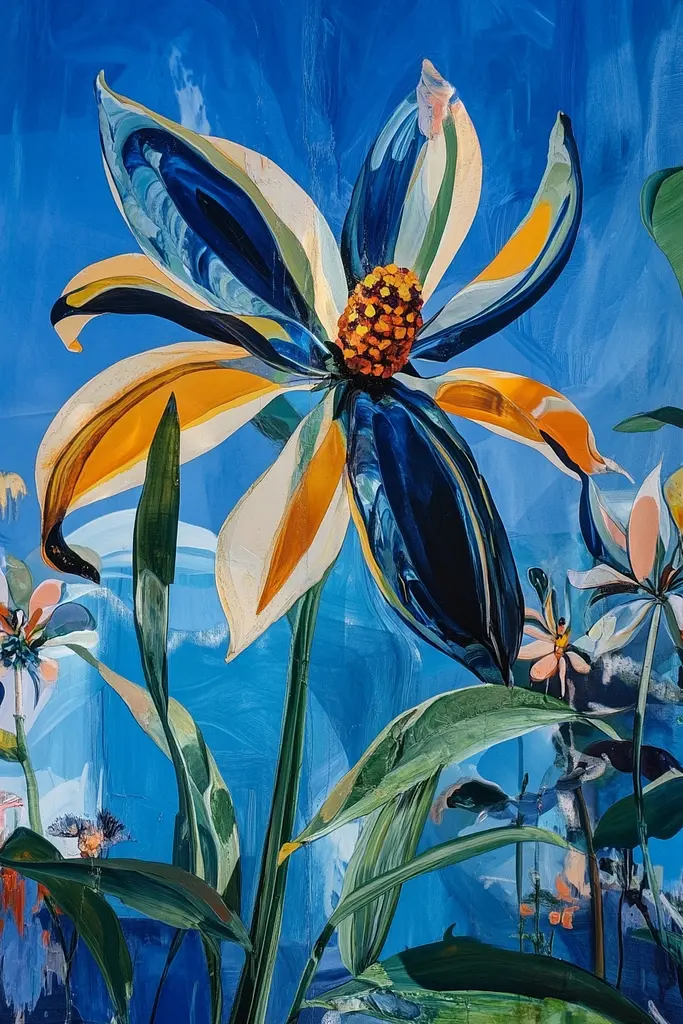 Midjourney generated image using SREF code Cerulean Riddle: A painting of a yellow and blue flower on a blue background.