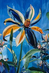 Midjourney generated image using SREF code Cerulean Riddle: A painting of a yellow and blue flower on a blue background.