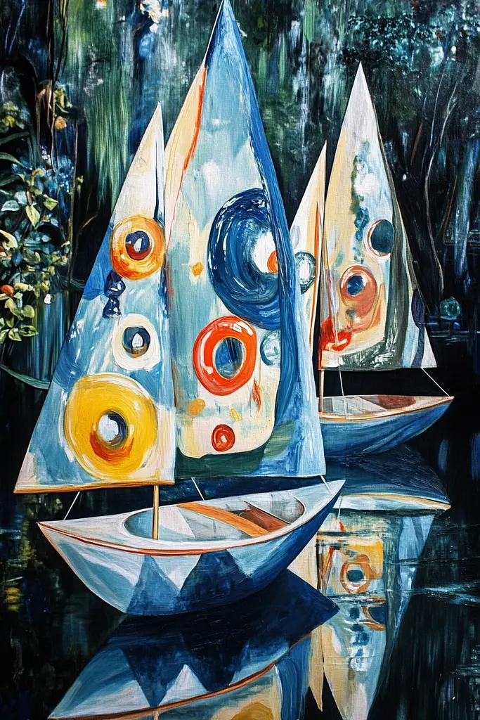 Midjourney generated image using SREF code Cerulean Riddle: A painting of three sailboats floating on a body of water.