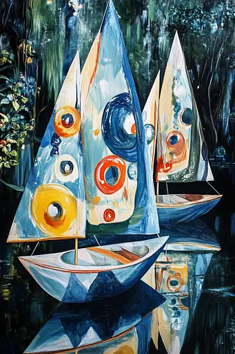 Midjourney generated image using SREF code Cerulean Riddle: A painting of three sailboats floating on a body of water.