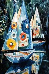 Midjourney generated image using SREF code Cerulean Riddle: A painting of three sailboats floating on a body of water.