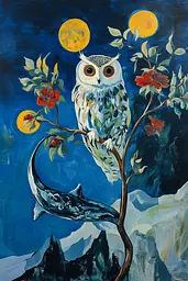 Midjourney generated image using SREF code Cerulean Riddle: A painting of an owl sitting on a tree branch.