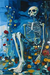 Midjourney generated image using SREF code Cerulean Riddle: A painting of a skeleton sitting in a field of flowers.