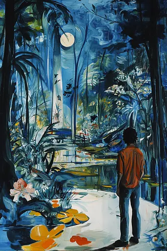 Midjourney generated image using SREF code Cerulean Riddle: A painting of a man standing in the middle of a forest.