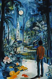 Midjourney generated image using SREF code Cerulean Riddle: A painting of a man standing in the middle of a forest.