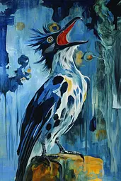 Midjourney generated image using SREF code Cerulean Riddle: A painting of a bird sitting on top of a rock.