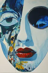 Midjourney generated image using SREF code Cerulean Riddle: A painting of a woman's face with a flower in her mouth.