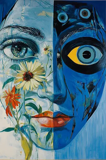 Midjourney generated image using SREF code Cerulean Riddle: A painting of a woman's face with a flower in her mouth.