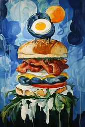 Midjourney generated image using SREF code Cerulean Riddle: A painting of a hamburger with an egg on top of it.