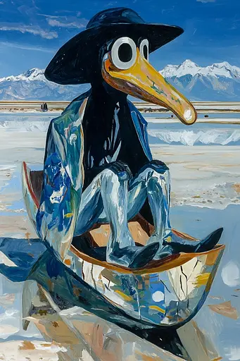 Midjourney generated image using SREF code Cerulean Riddle: A painting of a bird sitting in a boat on the beach.