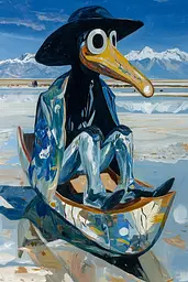Midjourney generated image using SREF code Cerulean Riddle: A painting of a bird sitting in a boat on the beach.